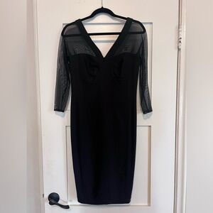 Early 2000s Tadashi Black Sheer Long Sleeve Textured Fitted Sheath Dress
